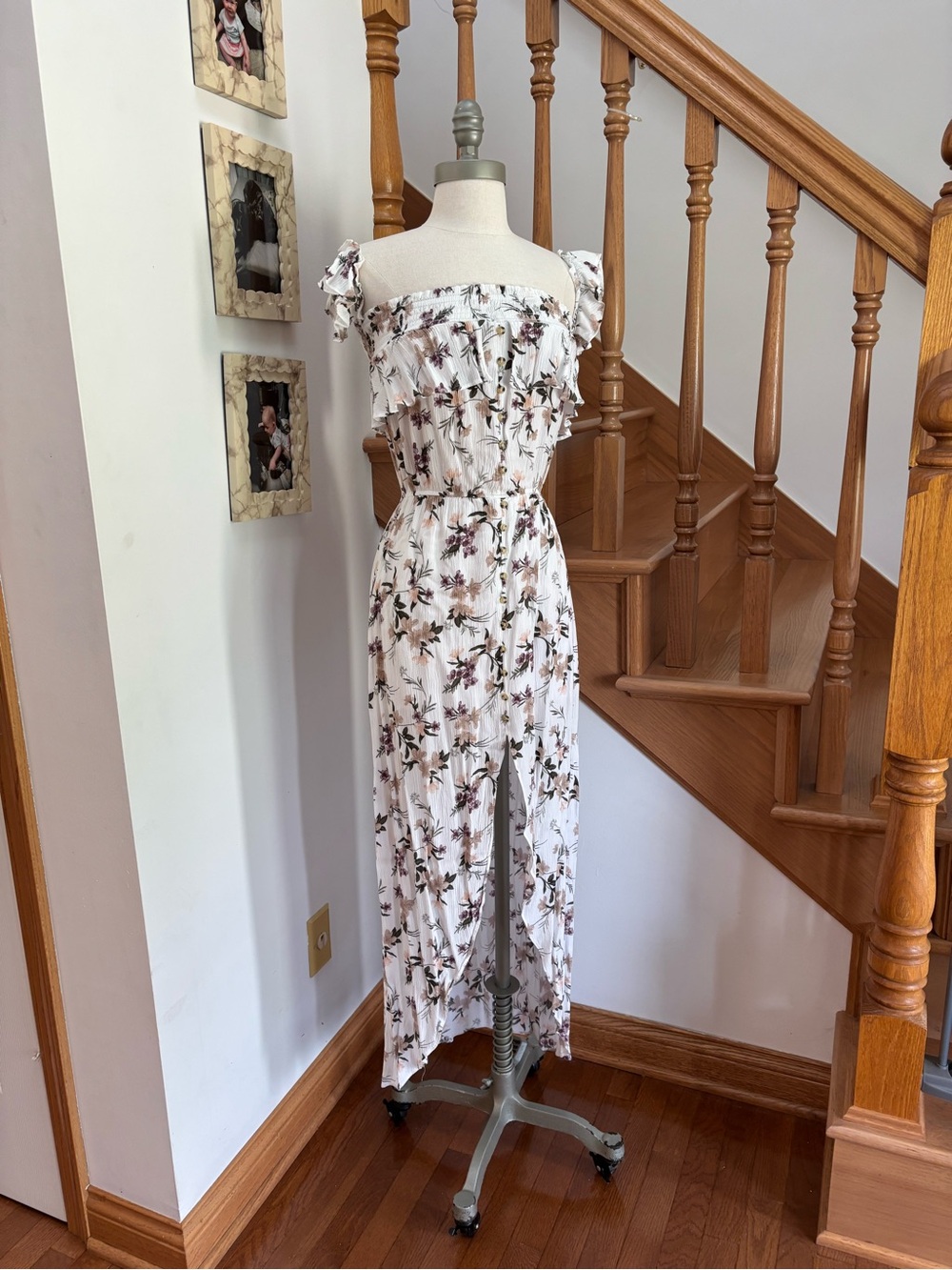 American Eagle White Ruffle High Low Dress with Floral Print